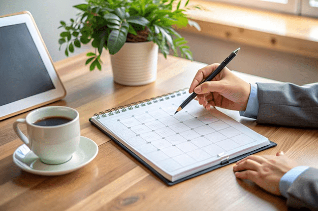 Lawyer scheduling international family law case meetings in an agenda book