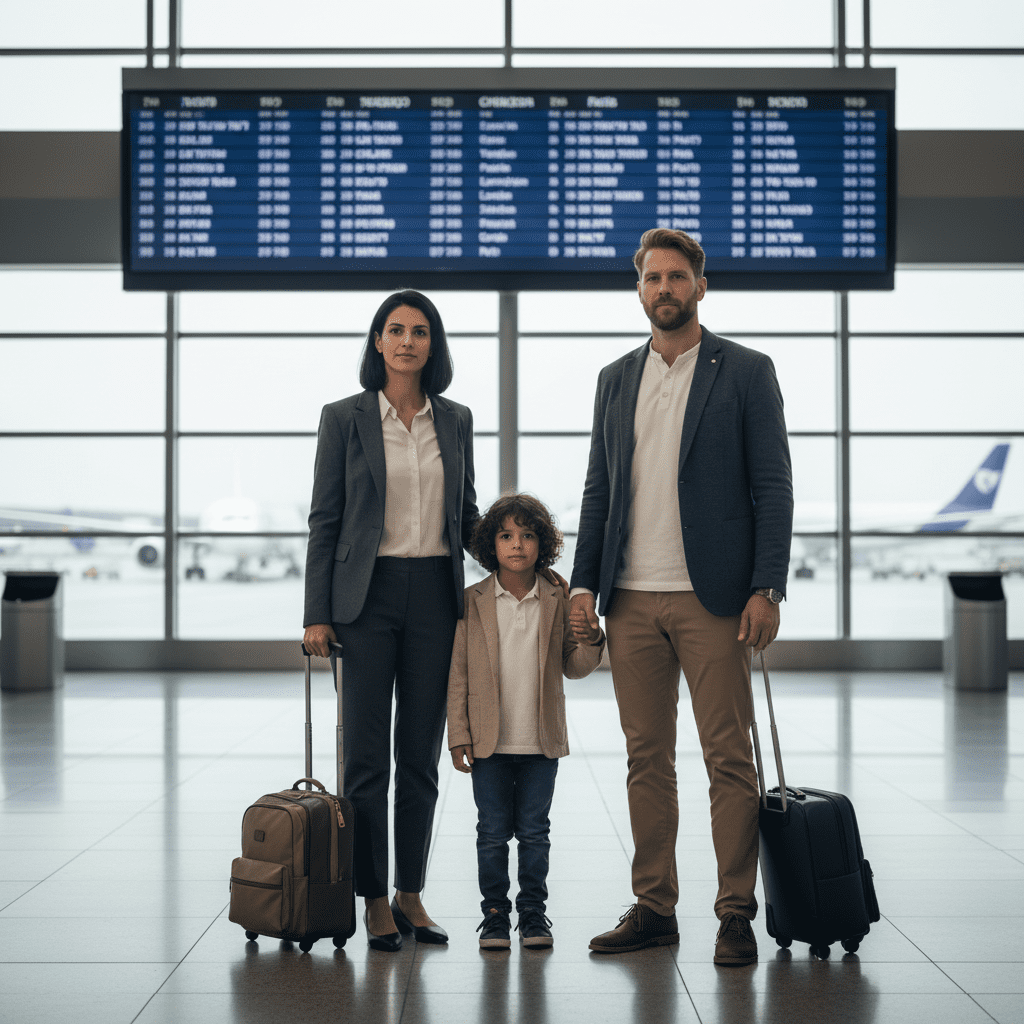 International family with a child standing in an airport, suggesting cross-border travel involving Israel in a child custody context